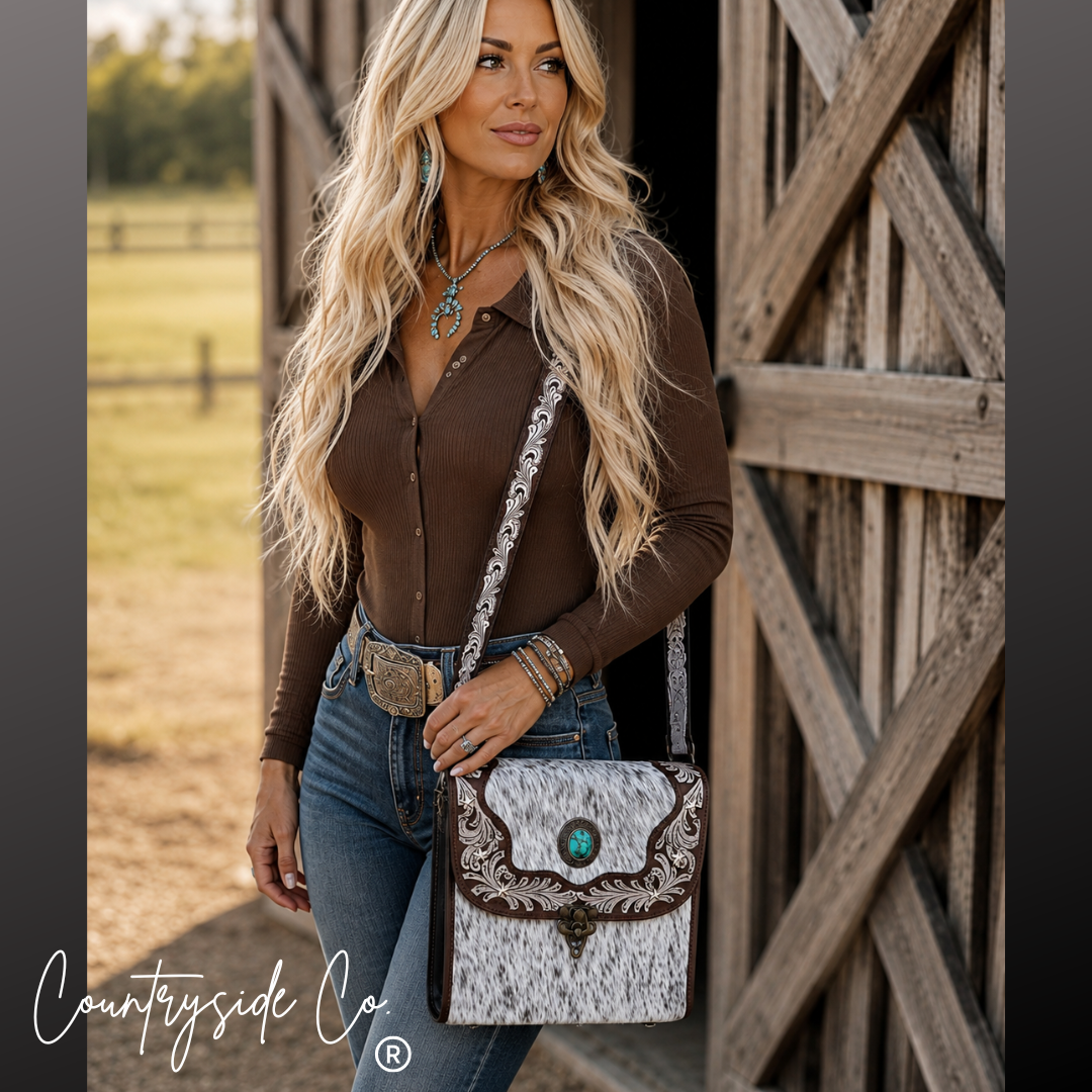 Driftwood Cowhide Tooled Leather Crossbody Purse
