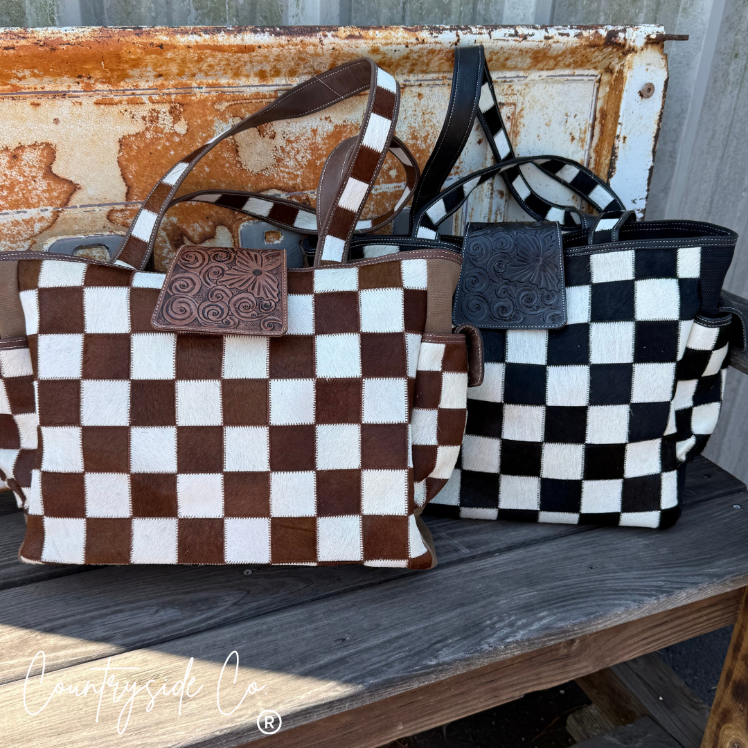 The Homestead Cowhide Checkered Tote Carryall