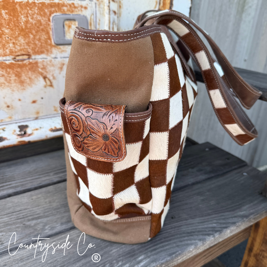 The Homestead Cowhide Checkered Tote Carryall