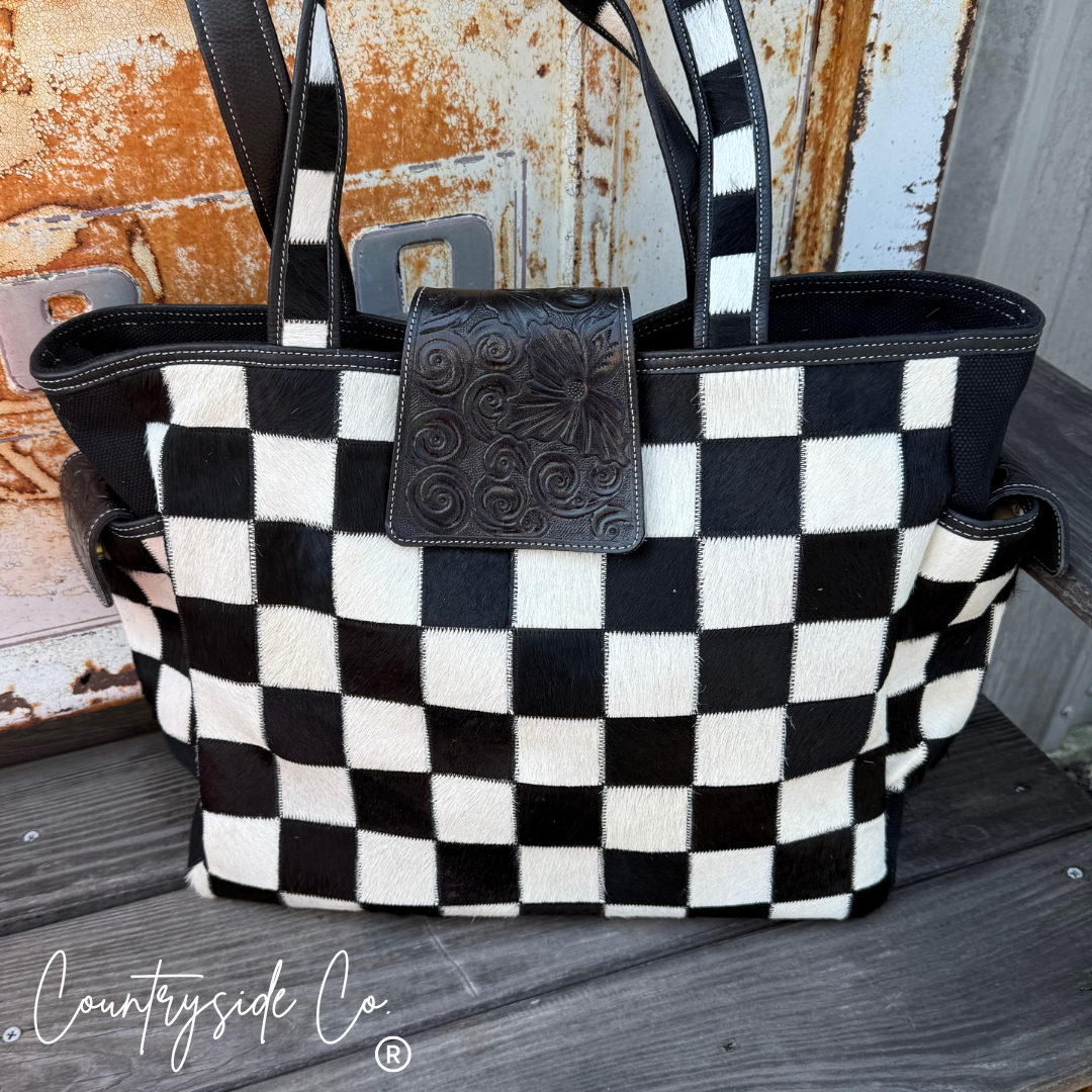 The Homestead Cowhide Checkered Tote Carryall