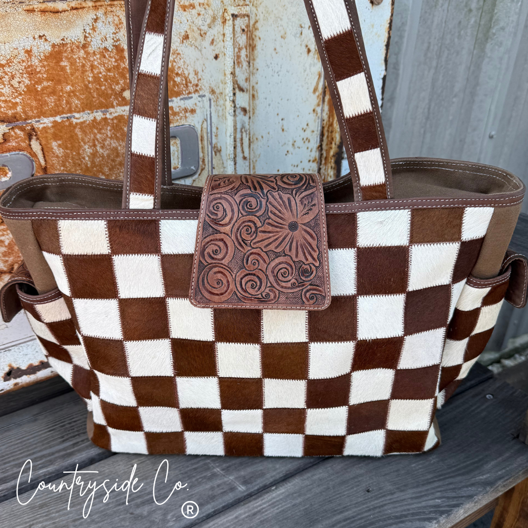 The Homestead Cowhide Checkered Tote Carryall