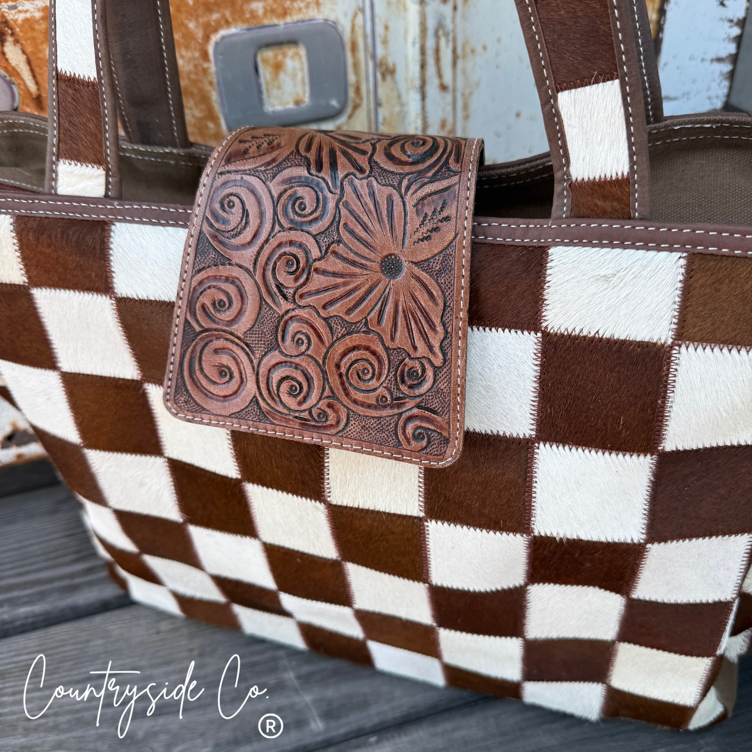 The Homestead Cowhide Checkered Tote Carryall