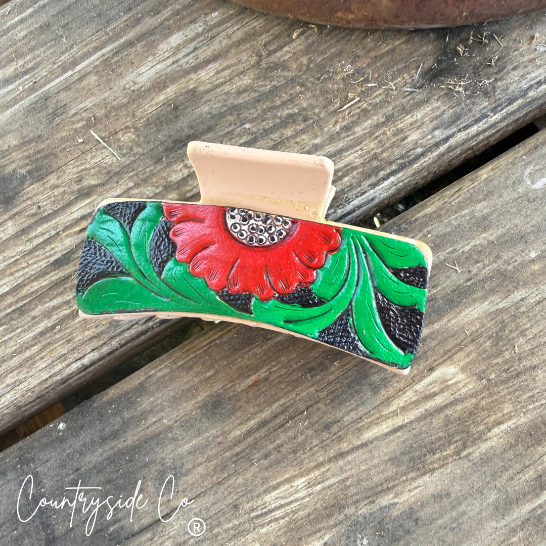 Tooled Leather Hair Claw Clip