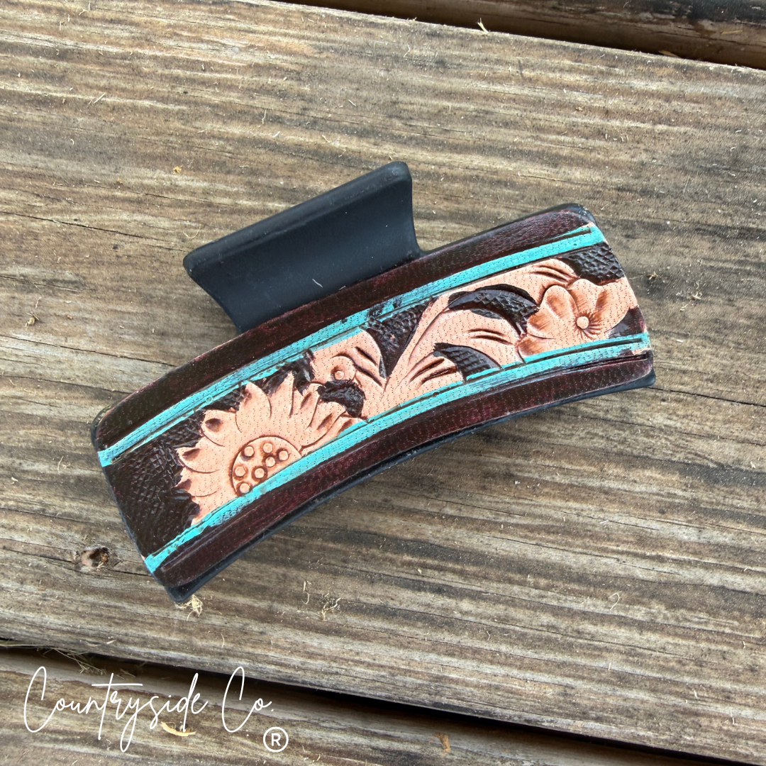 Turquoise Tooled Leather Hair Claw Clip