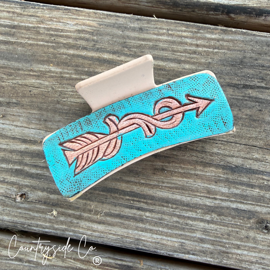 Turquoise Tooled Leather Hair Claw Clip