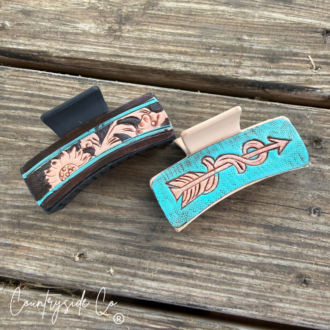 Turquoise Tooled Leather Hair Claw Clip