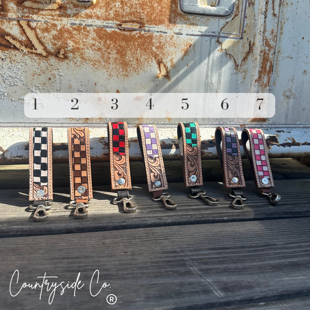 Tooled Leather Checkered Wristlet Keychain