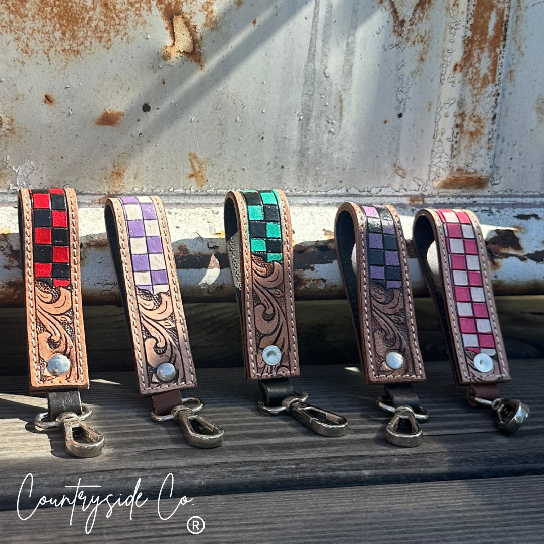 Tooled Leather Checkered Wristlet Keychain