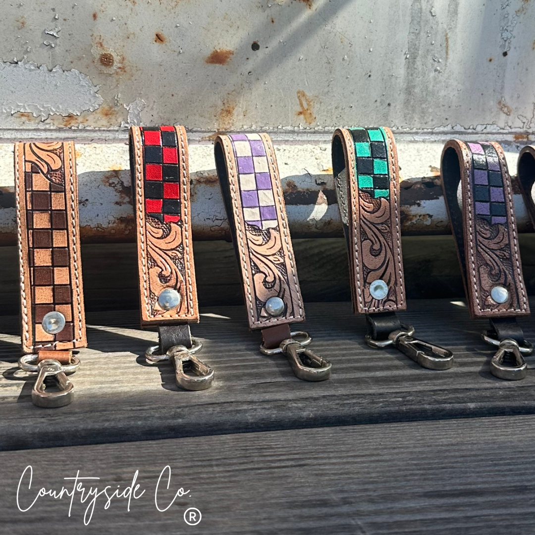 Tooled Leather Checkered Wristlet Keychain
