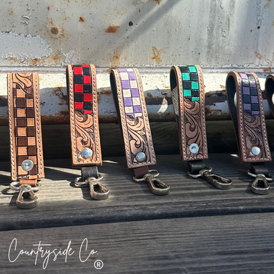 Tooled Leather Checkered Wristlet Keychain