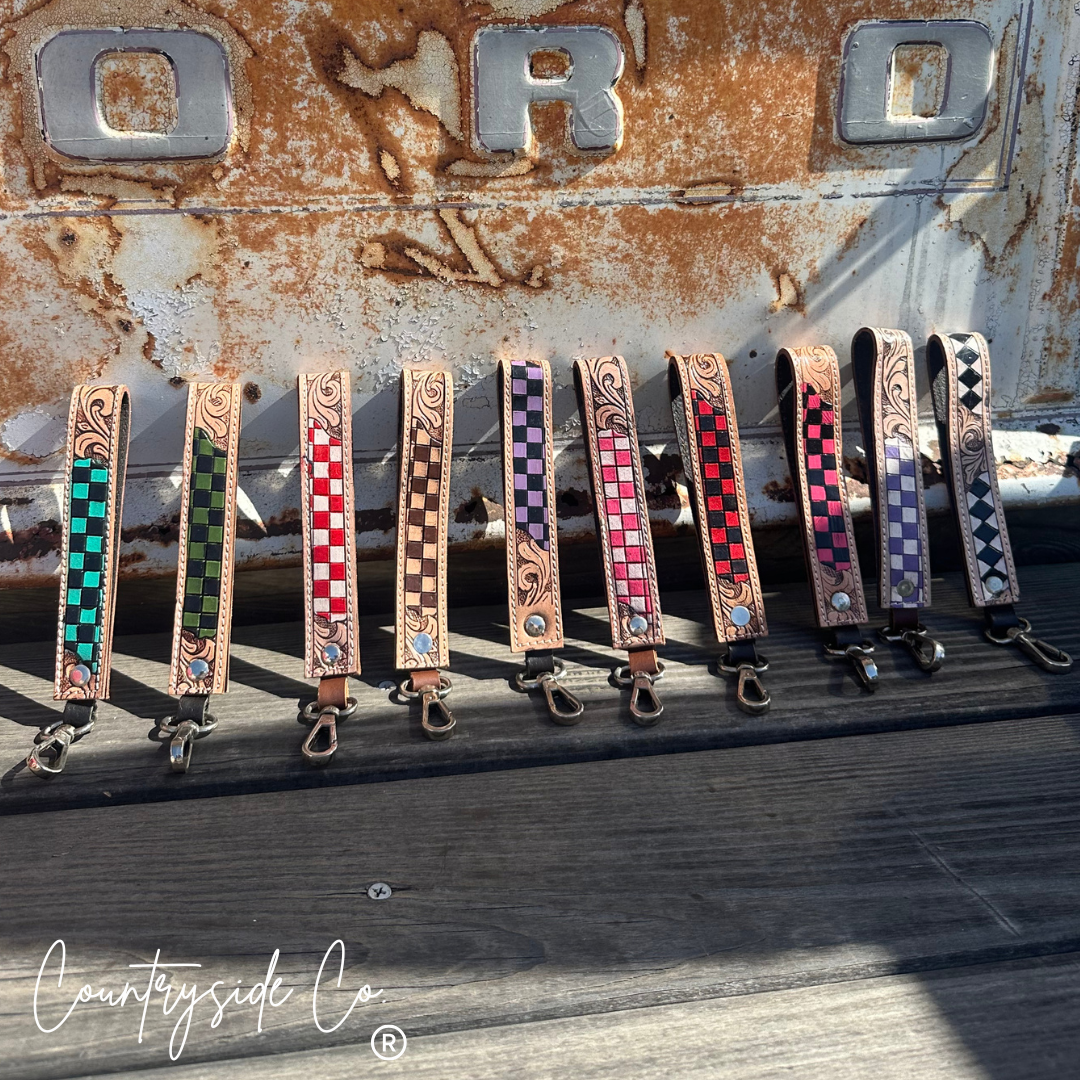 Bronco Checkered Tooled Leather Wristlet Keychain