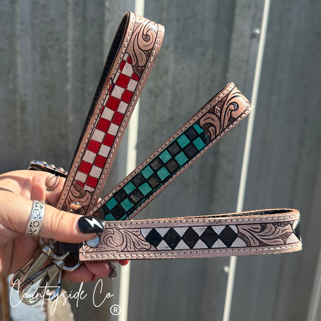 Bronco Checkered Tooled Leather Wristlet Keychain