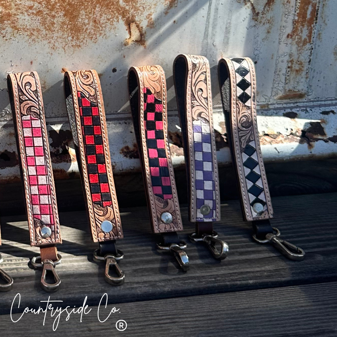 Bronco Checkered Tooled Leather Wristlet Keychain