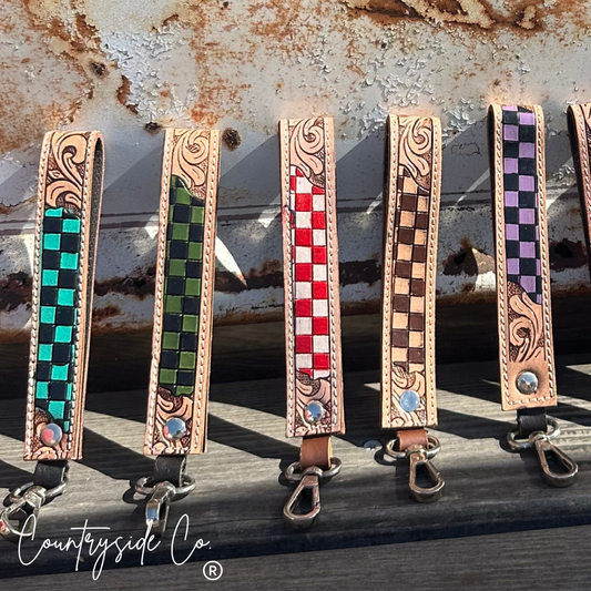 Bronco Checkered Tooled Leather Wristlet Keychain