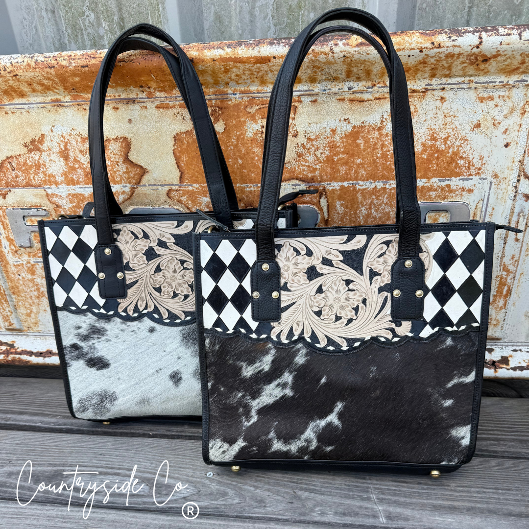 Southern Charm Cowhide Checkered Tote Purse