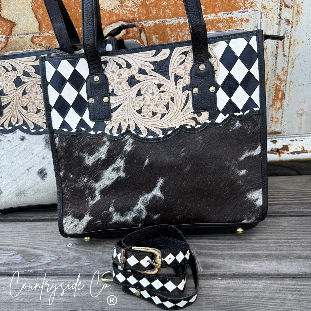 Southern Charm Cowhide Checkered Tote Purse