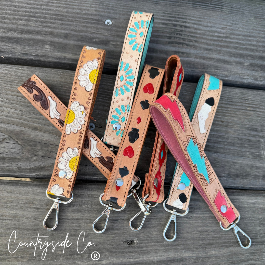Tooled Leather Hand Painted Keychain, Wristlets