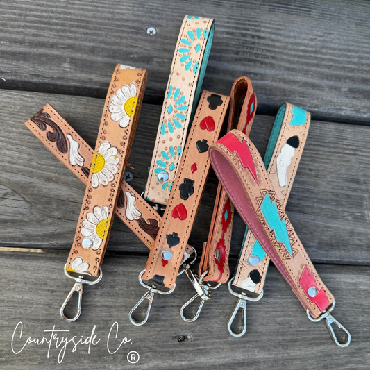 Tooled Leather Hand Painted Keychain, Wristlets