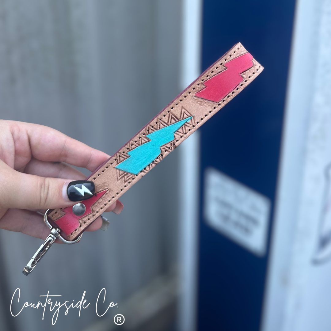 Tooled Leather Hand Painted Keychain, Wristlets