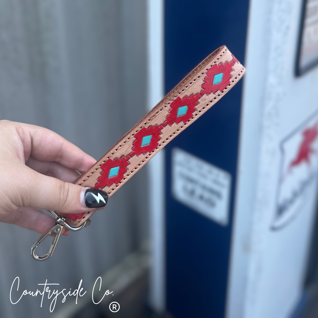 Tooled Leather Hand Painted Keychain, Wristlets