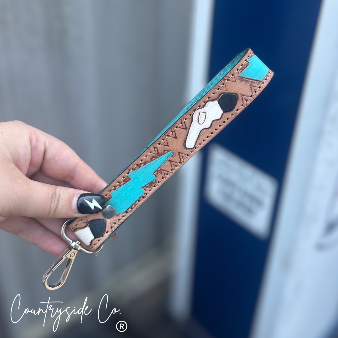 Tooled Leather Hand Painted Keychain, Wristlets