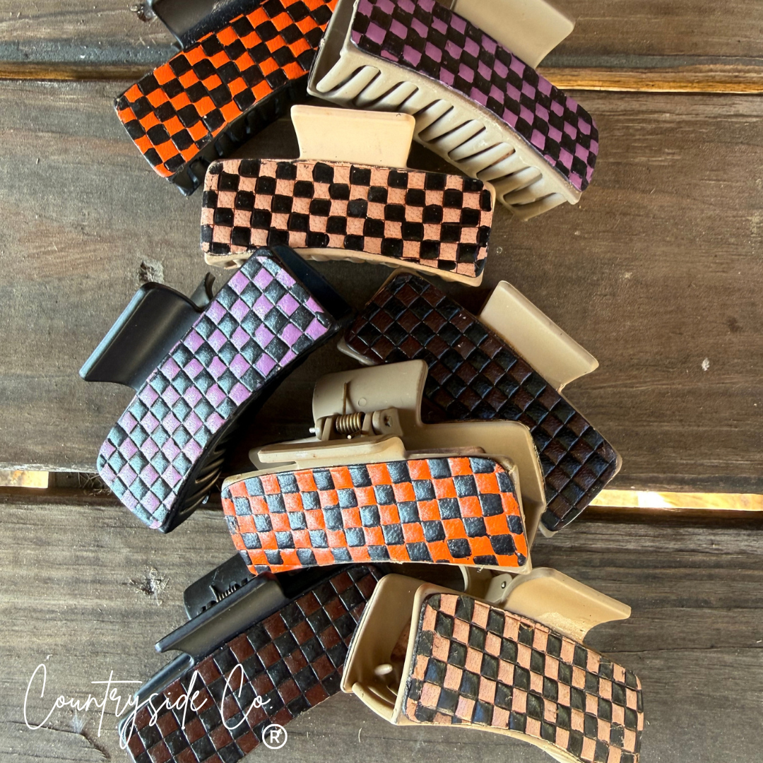 Fall Tooled Leather Checkered Hair Claw Clips