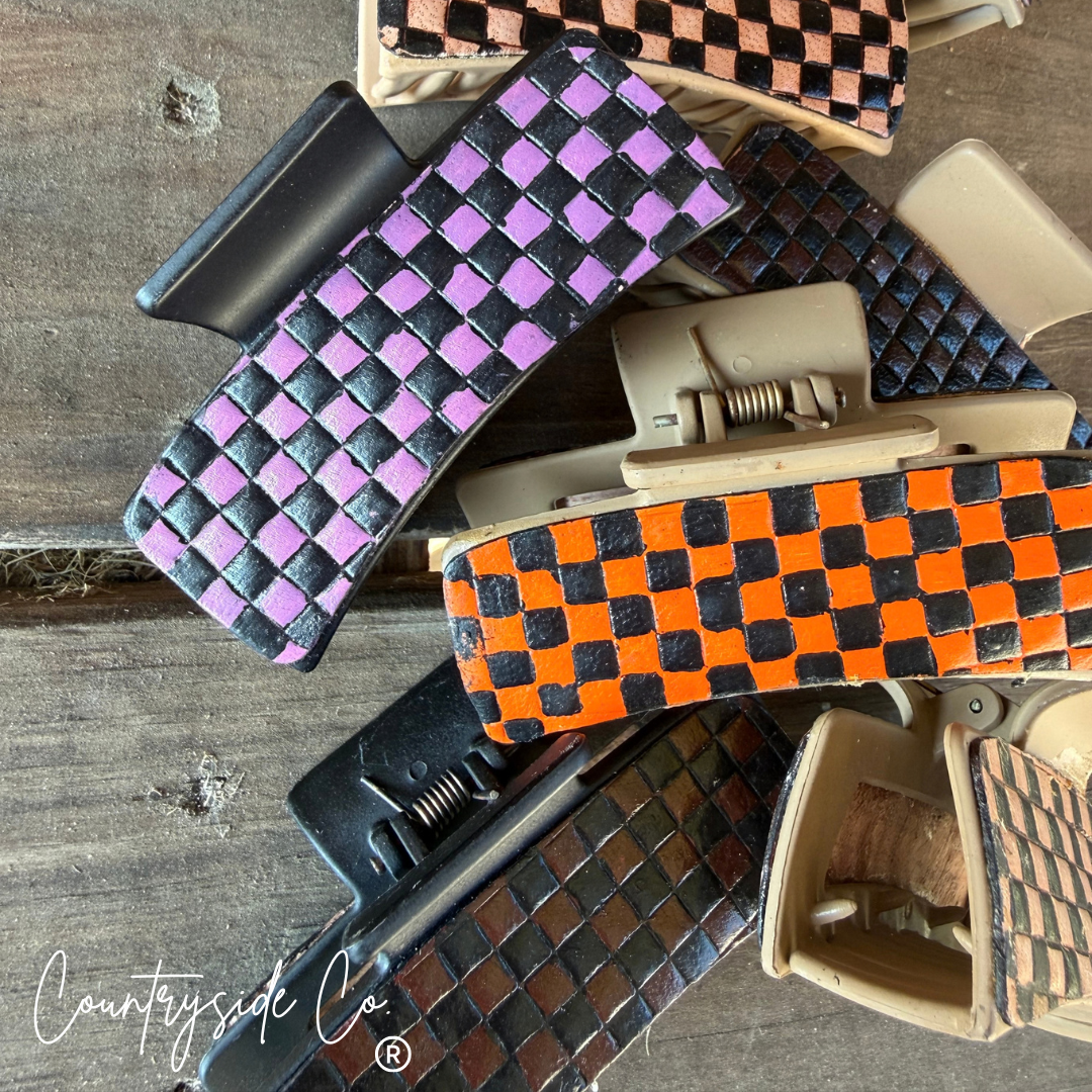Fall Tooled Leather Checkered Hair Claw Clips