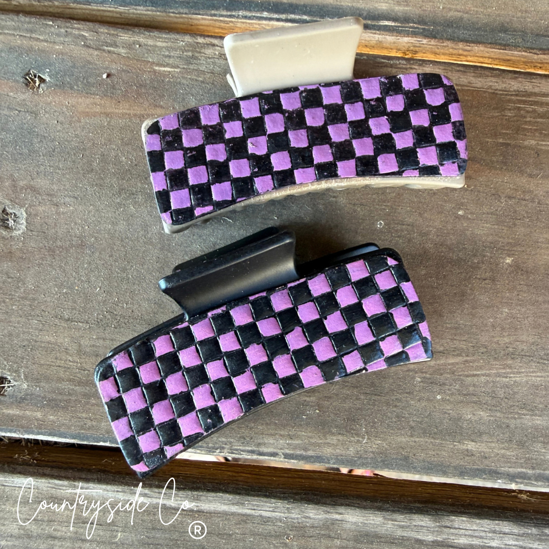 Fall Tooled Leather Checkered Hair Claw Clips