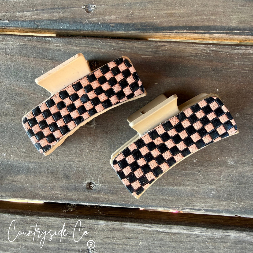 Fall Tooled Leather Checkered Hair Claw Clips