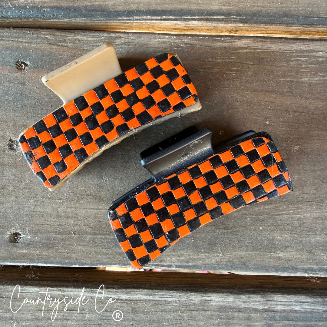Fall Tooled Leather Checkered Hair Claw Clips