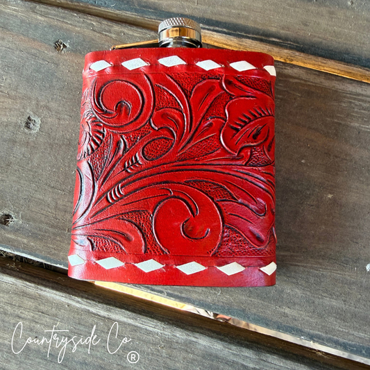 Red Tooled  Leather Flask