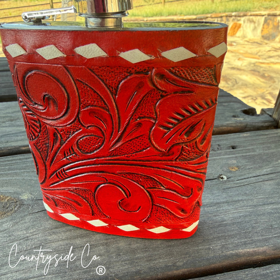 Red Tooled  Leather Flask