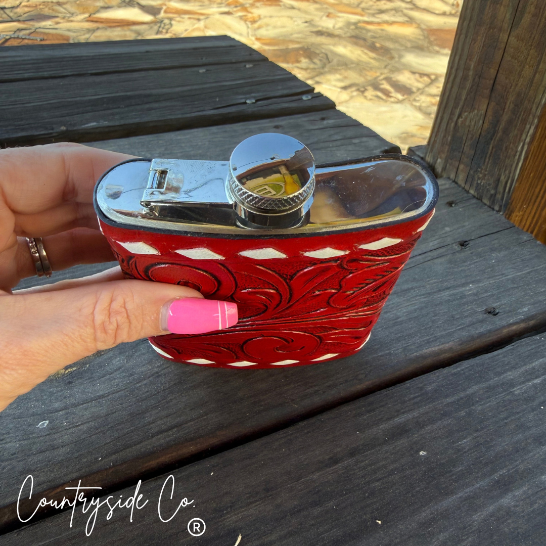 Red Tooled  Leather Flask