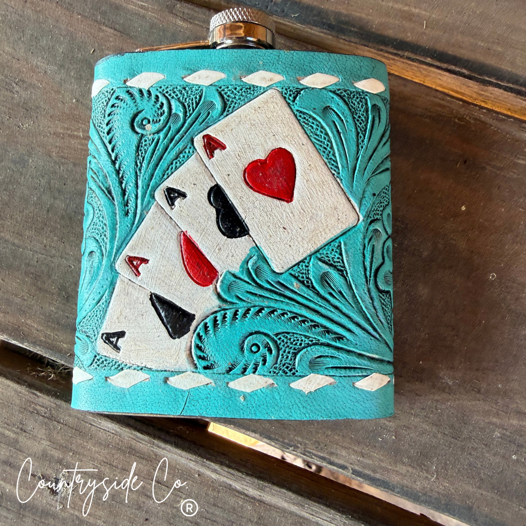 Turquoise Gambler Tooled  Leather Flask