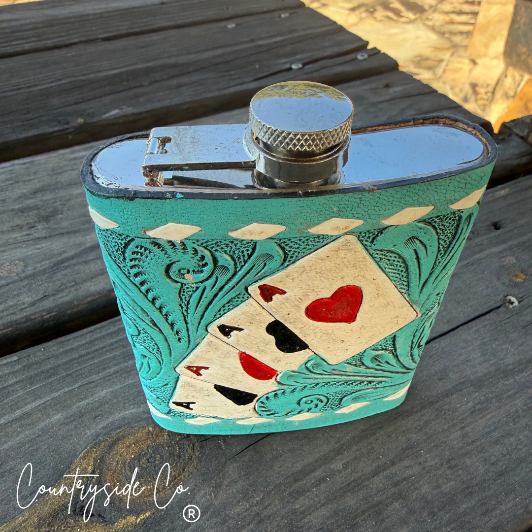 Turquoise Gambler Tooled  Leather Flask