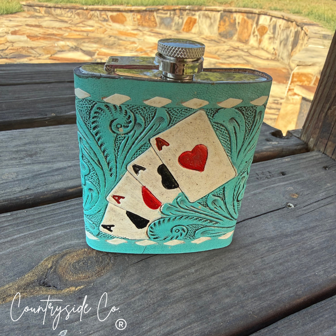 Turquoise Gambler Tooled  Leather Flask