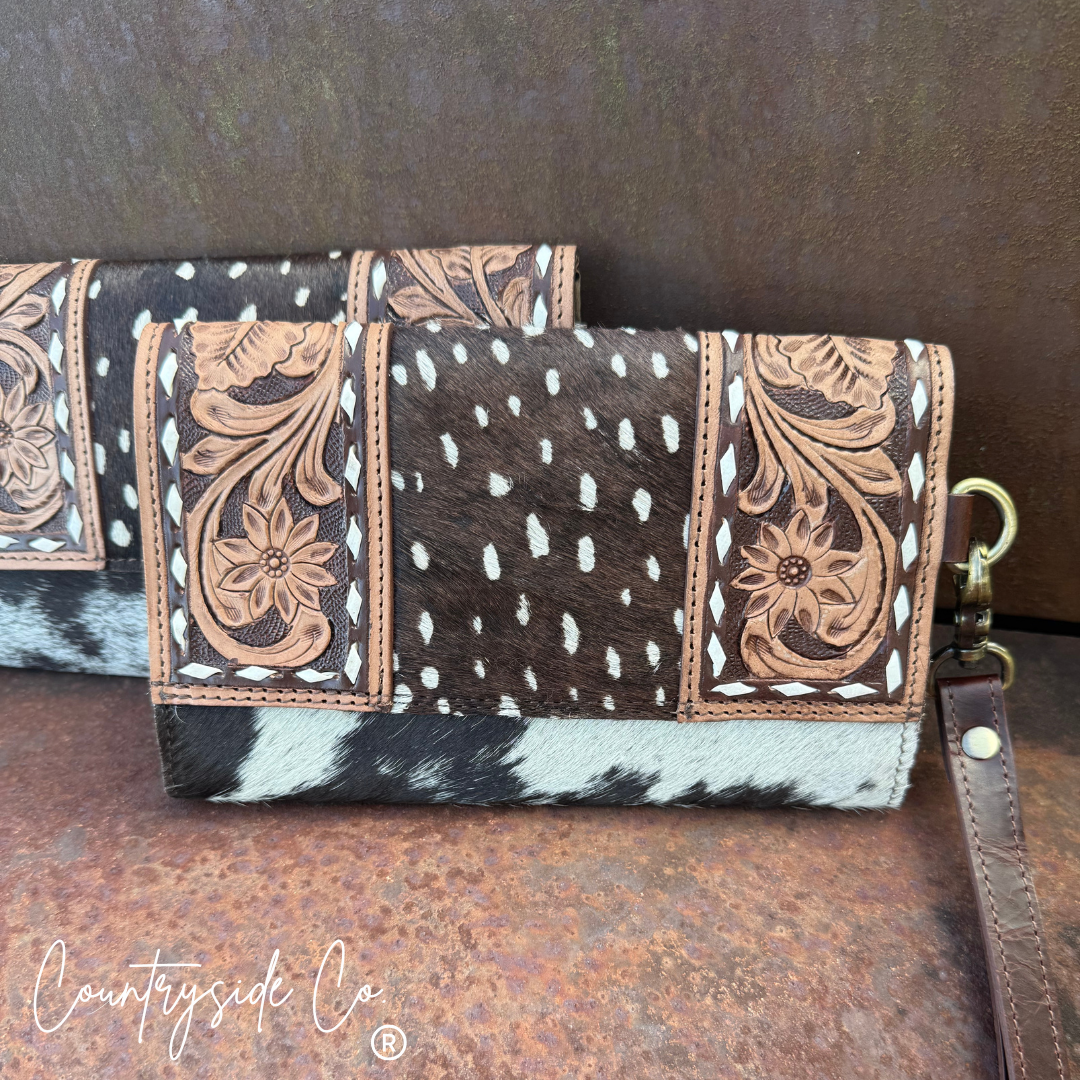 Wild Axis Cowhide Tooled Leather Wallet Wristlet