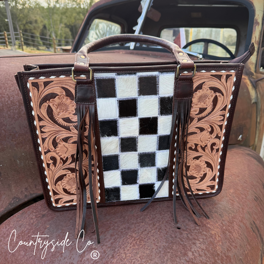 Checkmate Tooled Leather Cowhide Conceal Carry Tote, Computer Bag