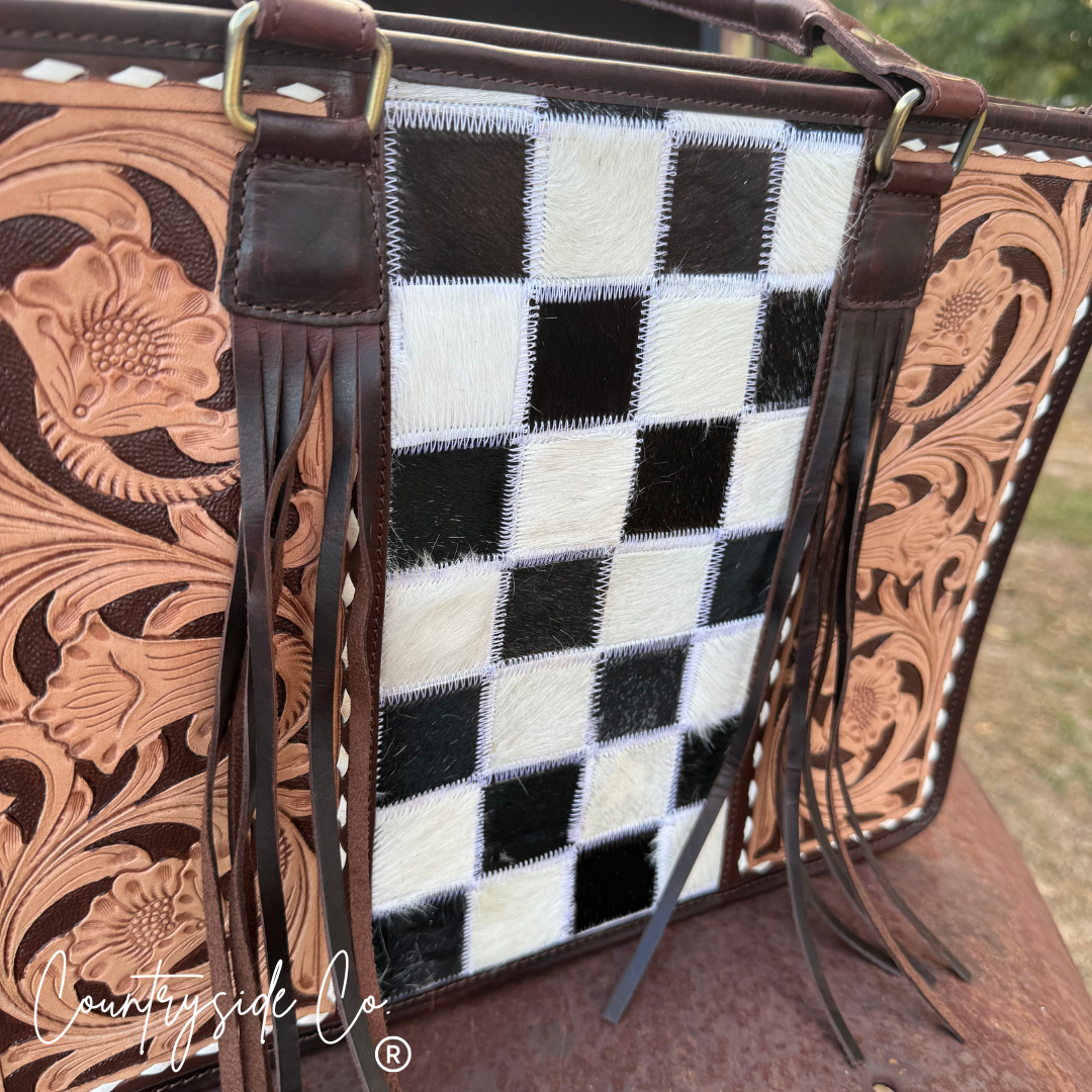 Checkmate Tooled Leather Cowhide Conceal Carry Tote, Computer Bag