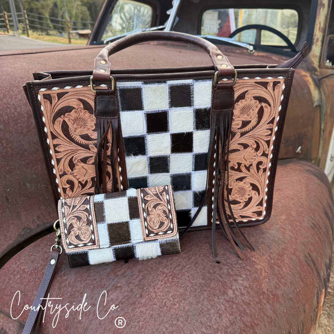 Checkmate Tooled Leather Cowhide Conceal Carry Tote, Computer Bag