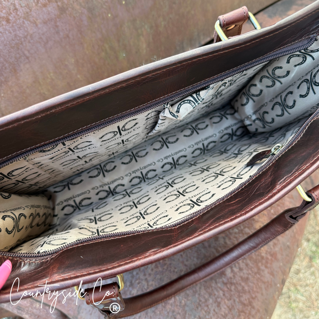 Checkmate Tooled Leather Cowhide Conceal Carry Tote, Computer Bag