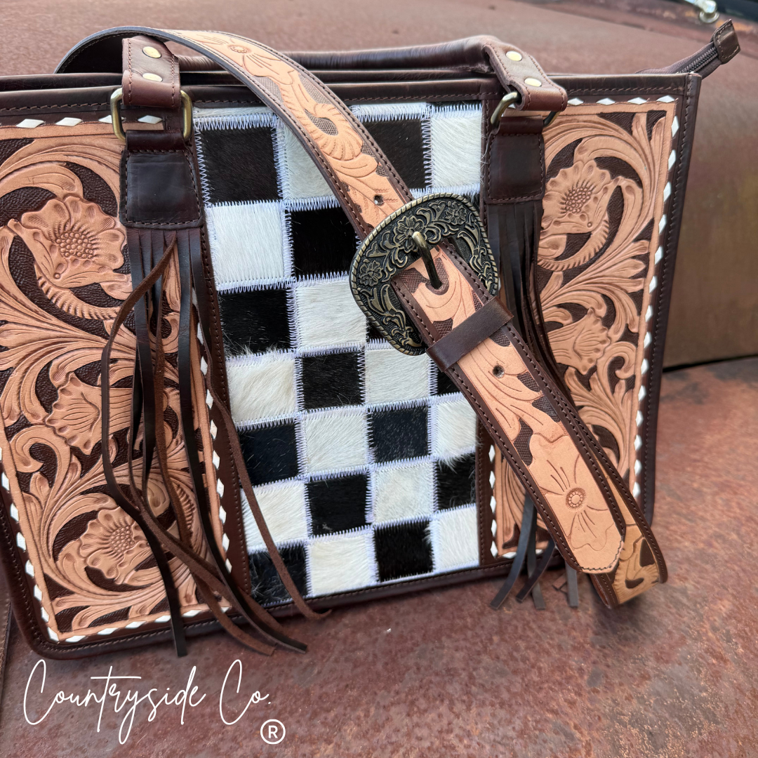 Checkmate Tooled Leather Cowhide Conceal Carry Tote, Computer Bag