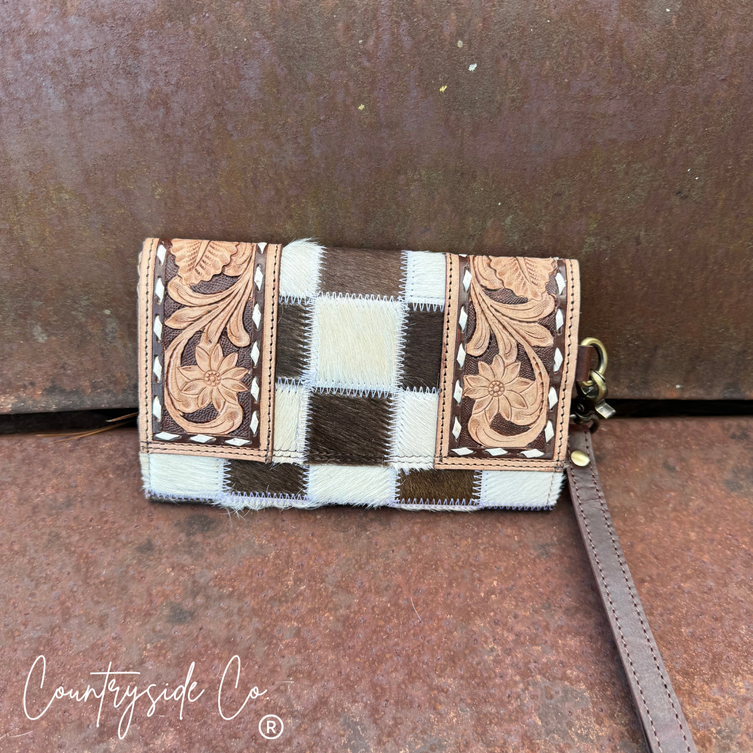 Checkmate Cowhide Tooled Leather Wallet Wristlet