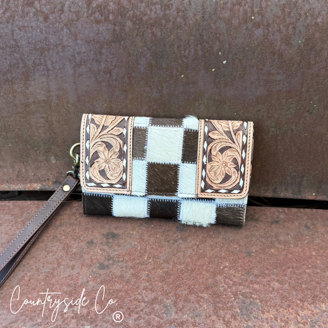 Checkmate Cowhide Tooled Leather Wallet Wristlet