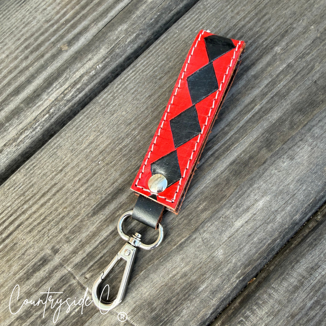 Red, White and Blue Checkered Leather Keychain Wristlet