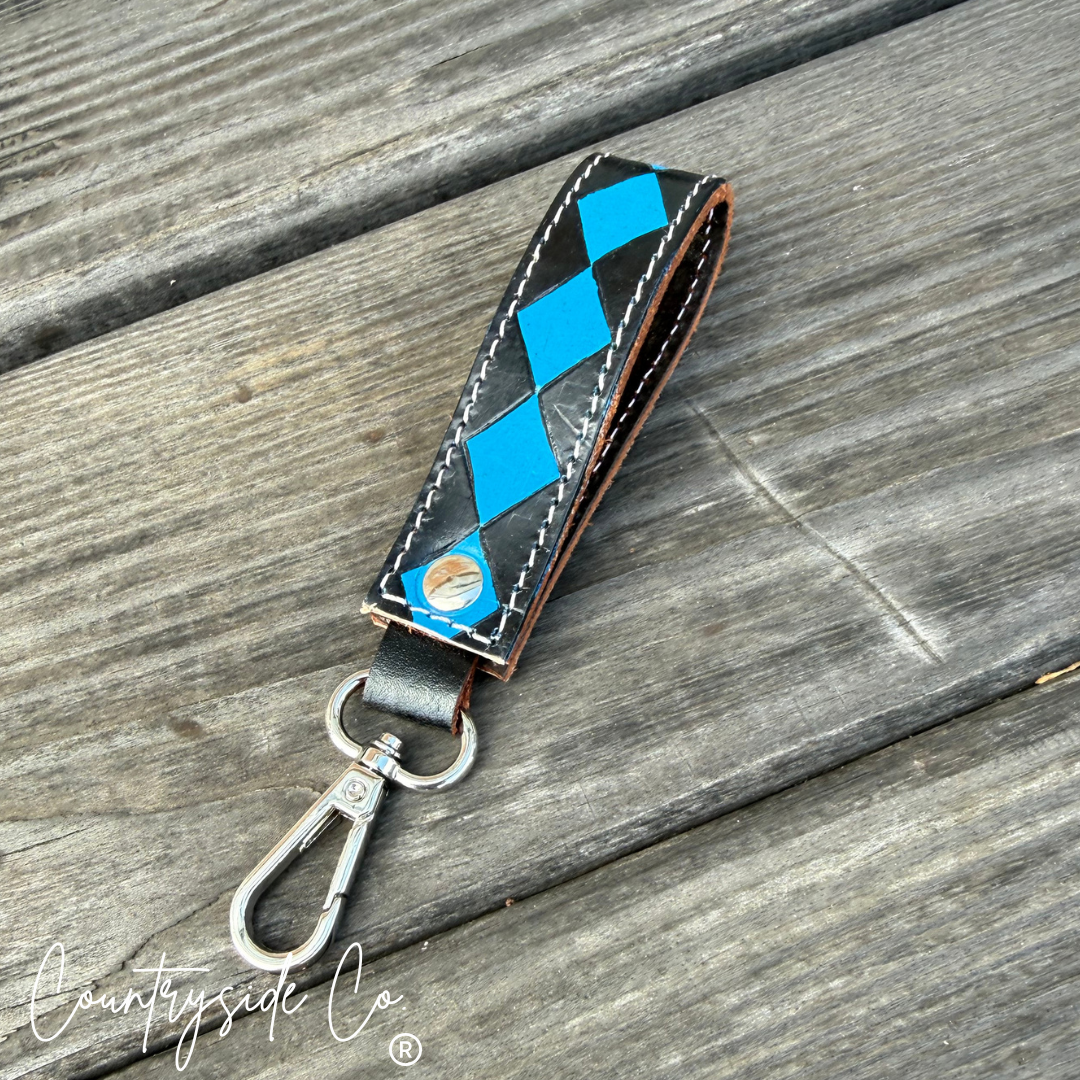 Red, White and Blue Checkered Leather Keychain Wristlet