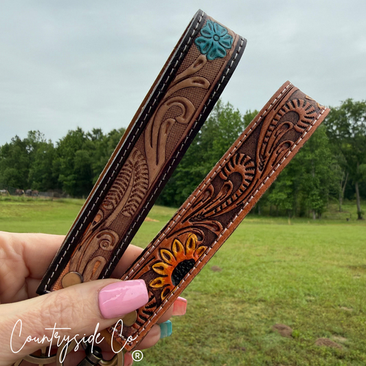 Flower Tooled Leather Keychain Wristlet