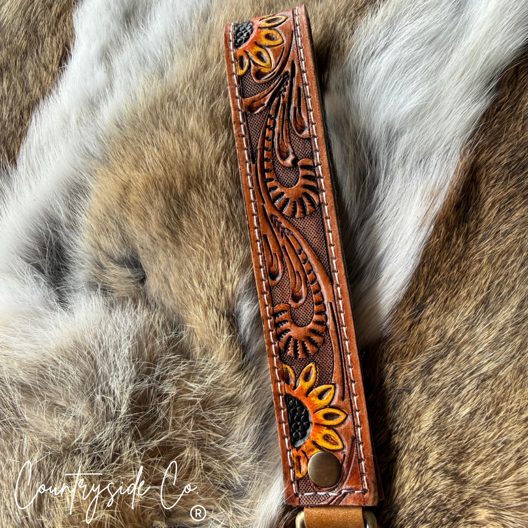 Flower Tooled Leather Keychain Wristlet