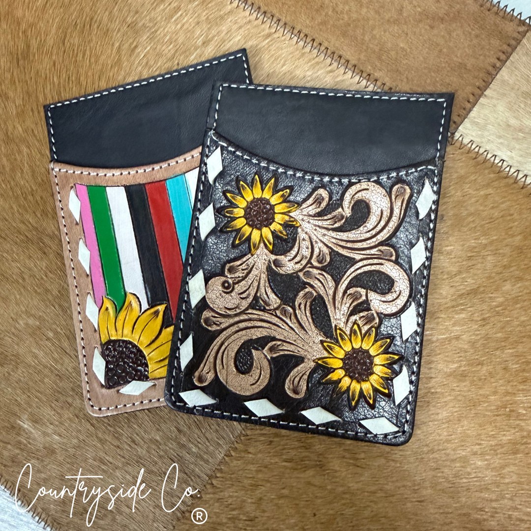 Sunflower Tooled Leather Credit Card Holder