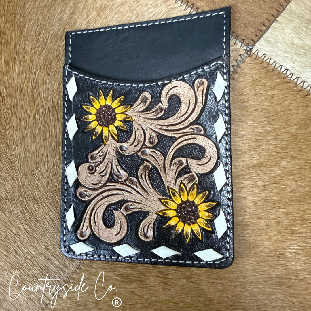 Sunflower Tooled Leather Credit Card Holder